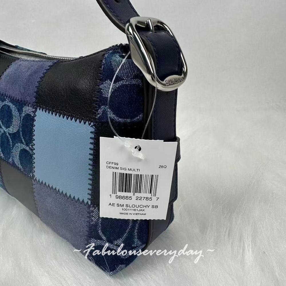 Coach Small Slouchy Alter Ego Shoulder Bag Patchwork Sig Leather Blue CFF99 NWT - Picture 5 of 8